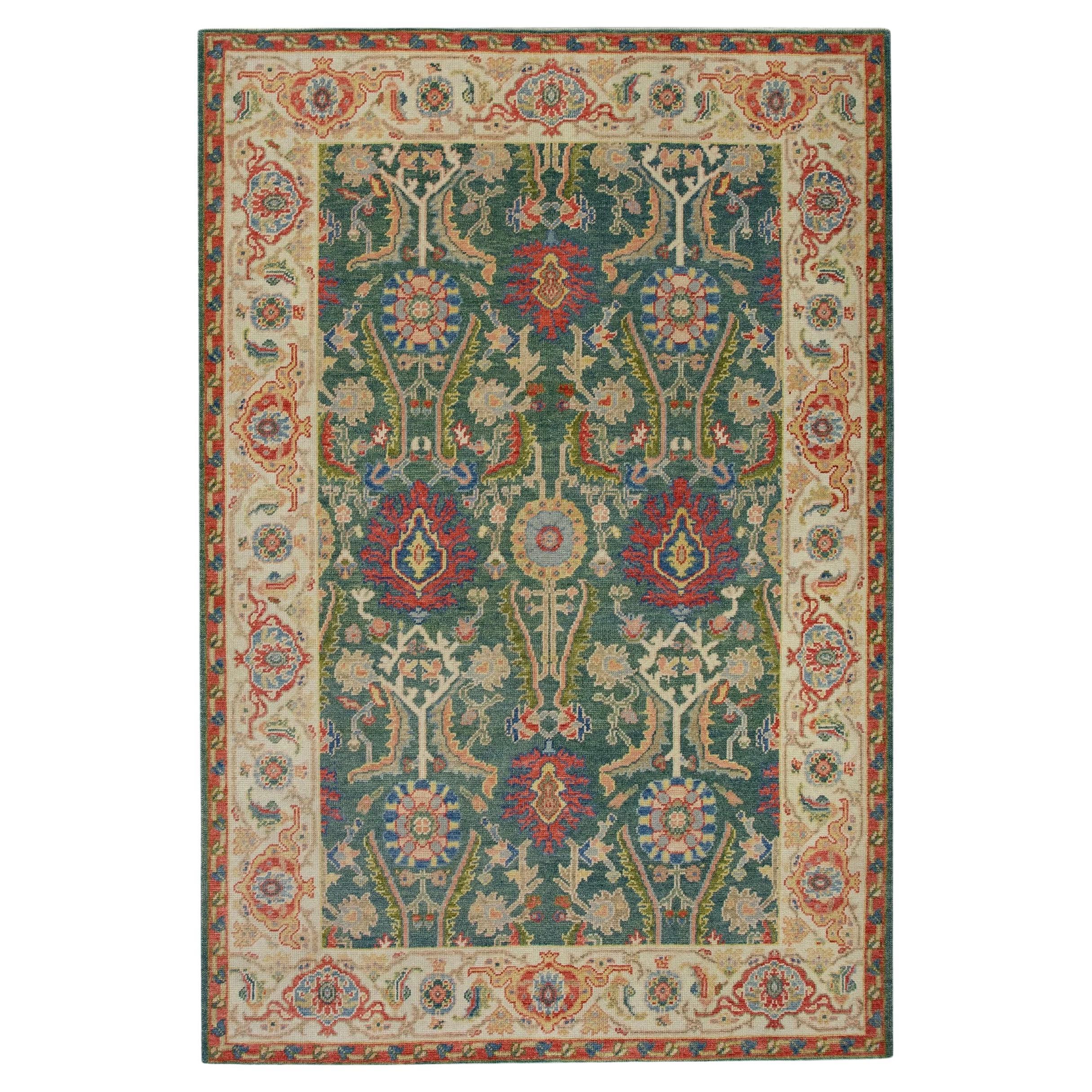 Green & Red Floral Design Handwoven Wool Turkish Finewoven Oushak Rug 4'3 x 6'3 For Sale
