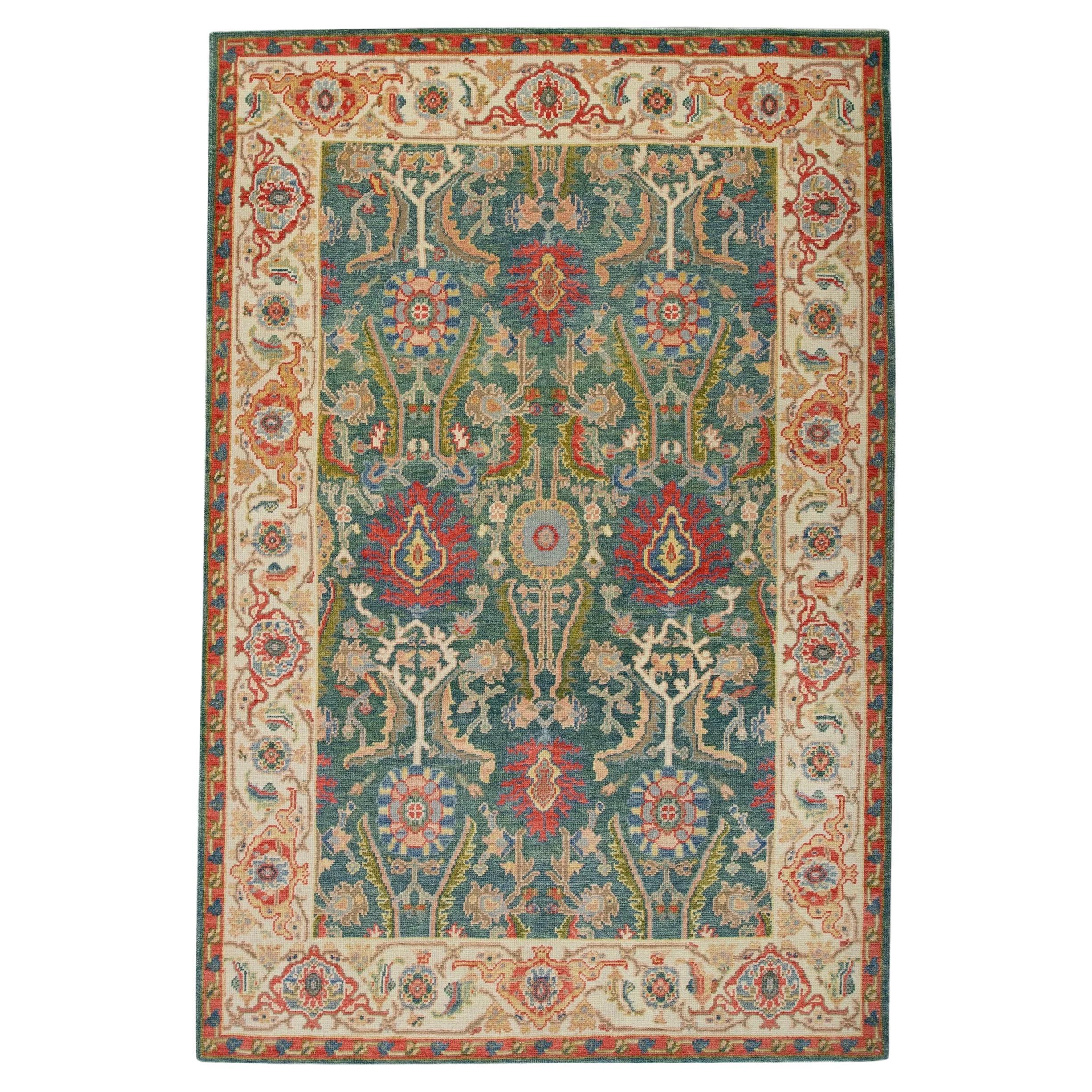 Green & Red Floral Design Handwoven Wool Turkish Finewoven Oushak Rug 4'3 x 6'7 For Sale