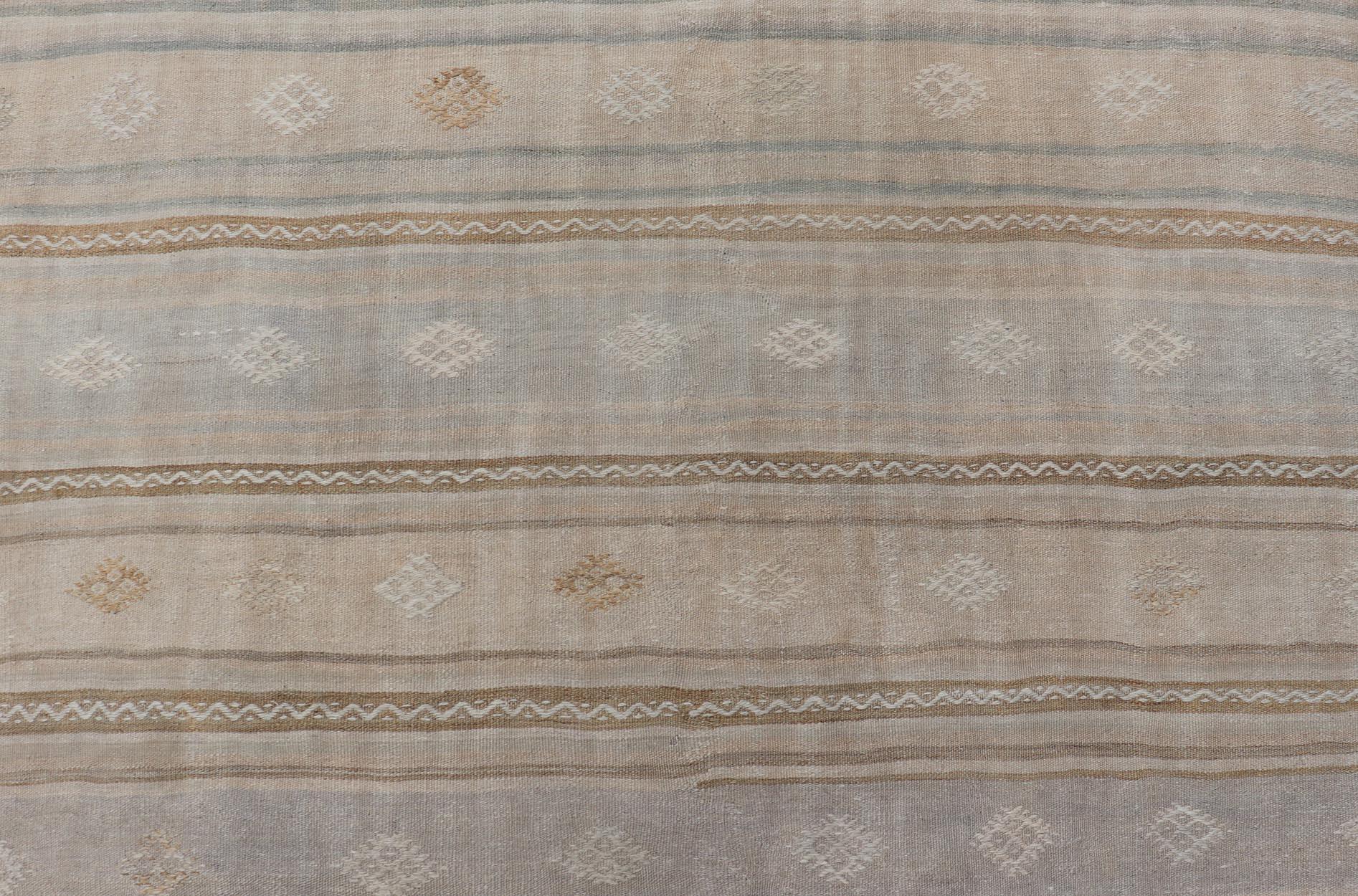 Turkish Flat-Weave Embroideries Kilim in Tan, Taupe, Brown and a Soft Blue For Sale 4