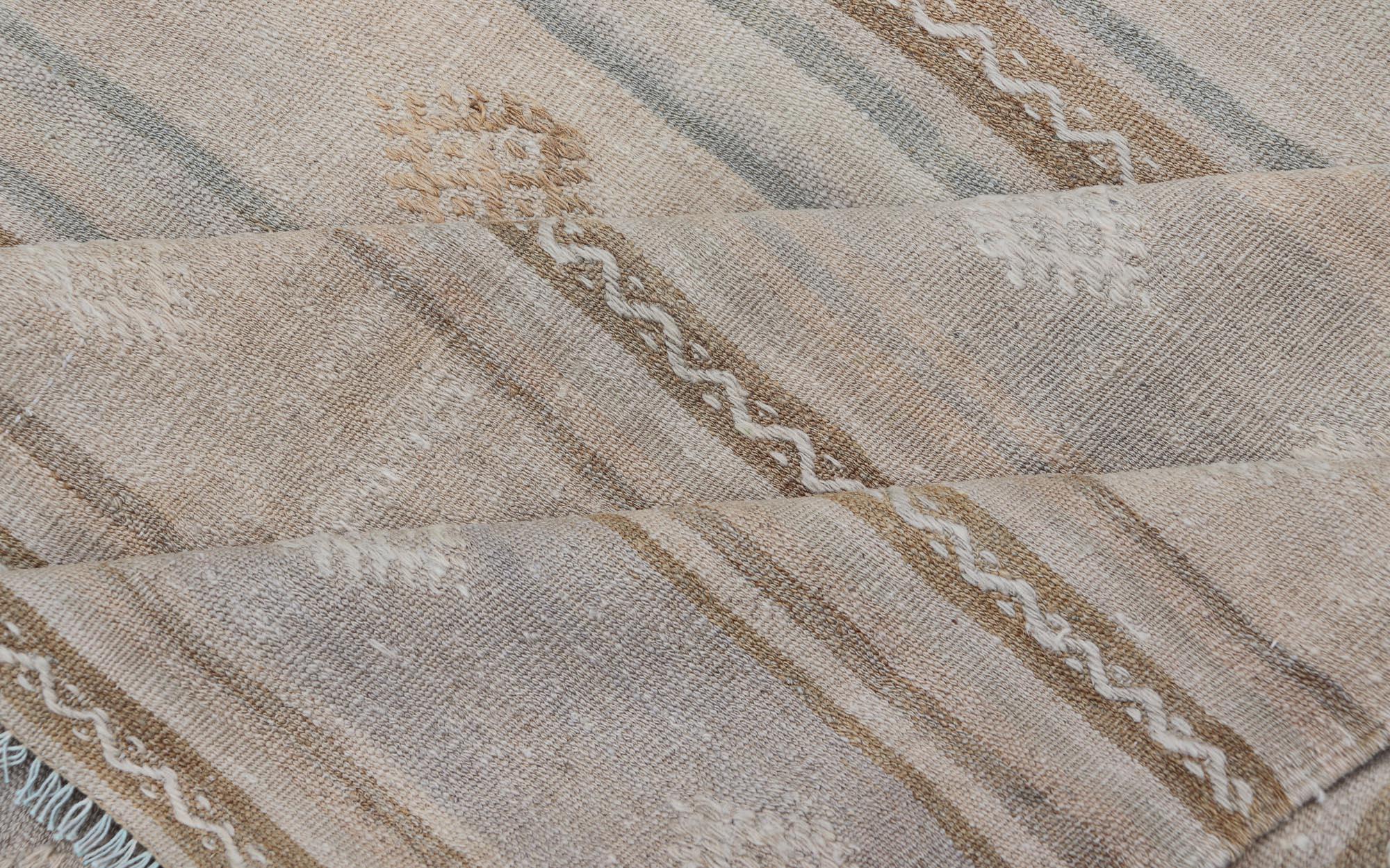 Turkish Flat-Weave Embroideries Kilim in Tan, Taupe, Brown and a Soft Blue For Sale 5