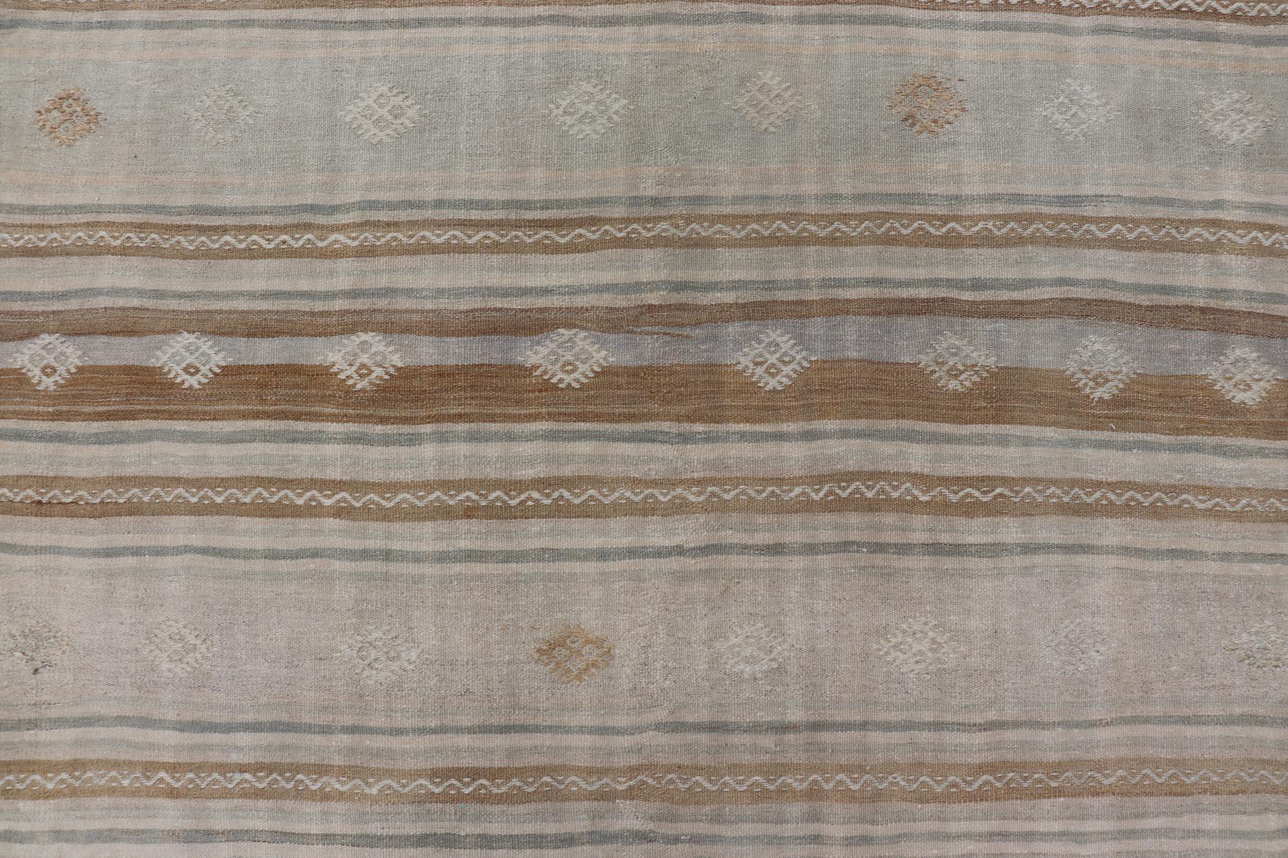 Turkish Flat-Weave Embroideries Kilim in Tan, Taupe, Brown and a Soft Blue For Sale 2