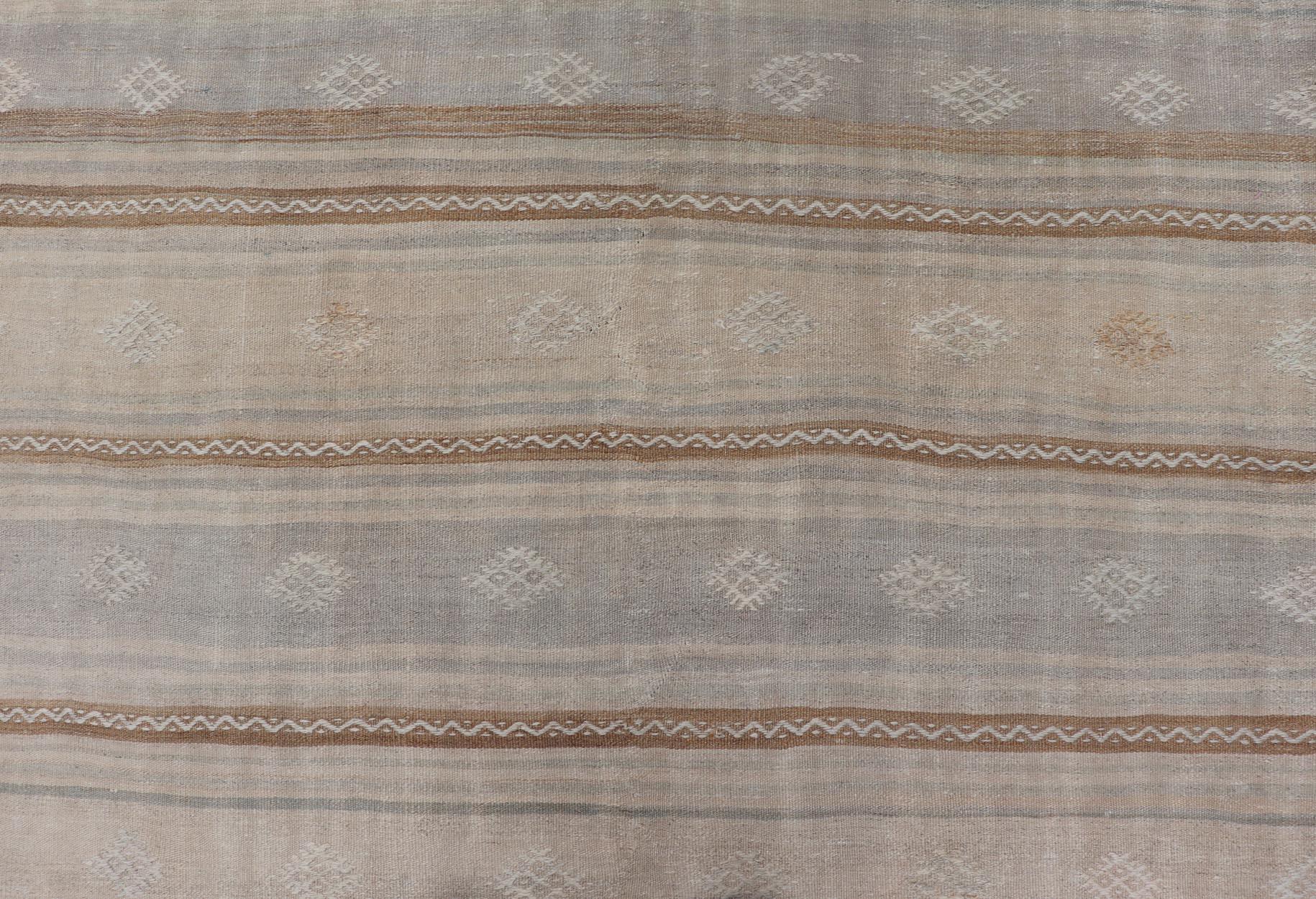 Turkish Flat-Weave Embroideries Kilim in Tan, Taupe, Brown and a Soft Blue For Sale 3
