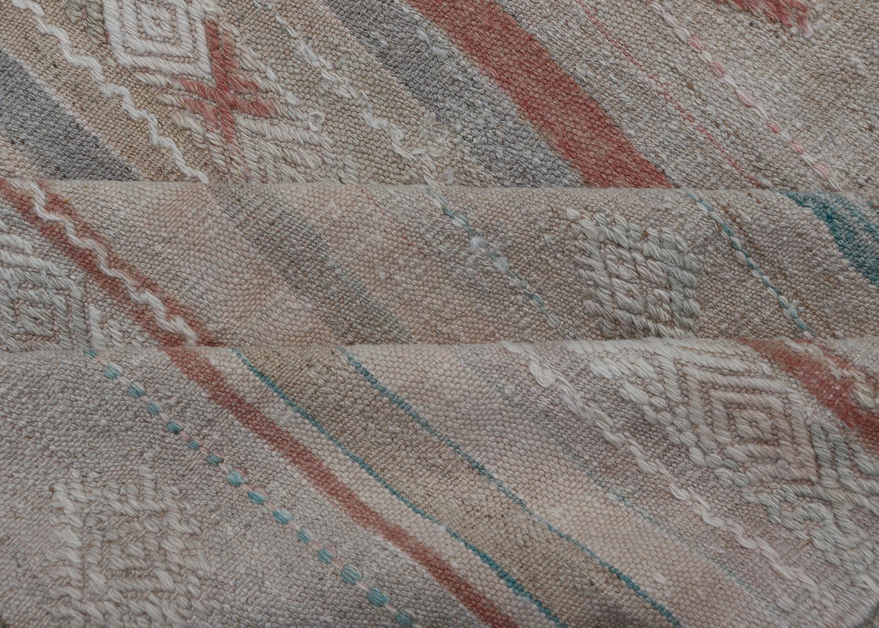 Turkish Flat-Weave Embroideries Kilim in Taupe, Green, Teal, Cream, and Brown For Sale 4