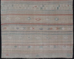 Turkish Flat-Weave Embroideries Kilim in Taupe, Green, Teal, Cream, and Brown