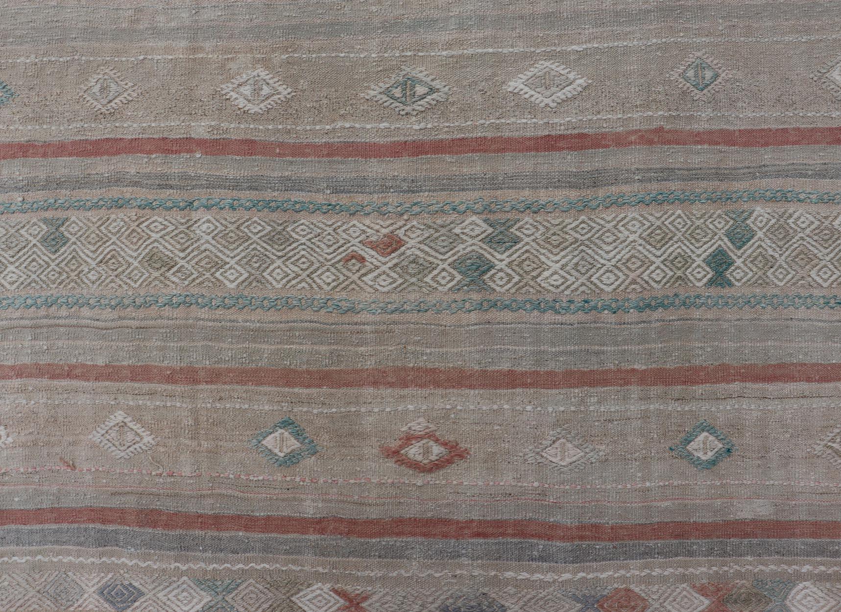 20th Century Turkish Flat-Weave Embroideries Kilim in Taupe, Green, Teal, Cream, and Brown For Sale