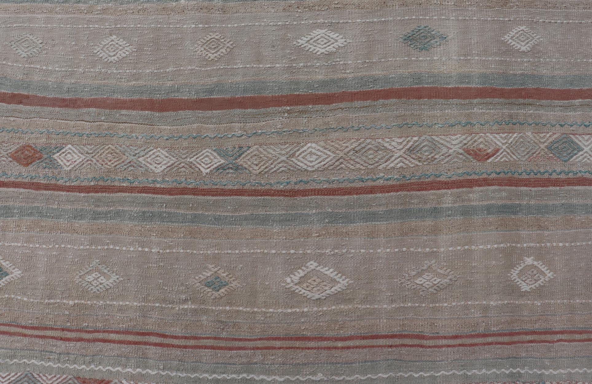 Wool Turkish Flat-Weave Embroideries Kilim in Taupe, Green, Teal, Cream, and Brown For Sale