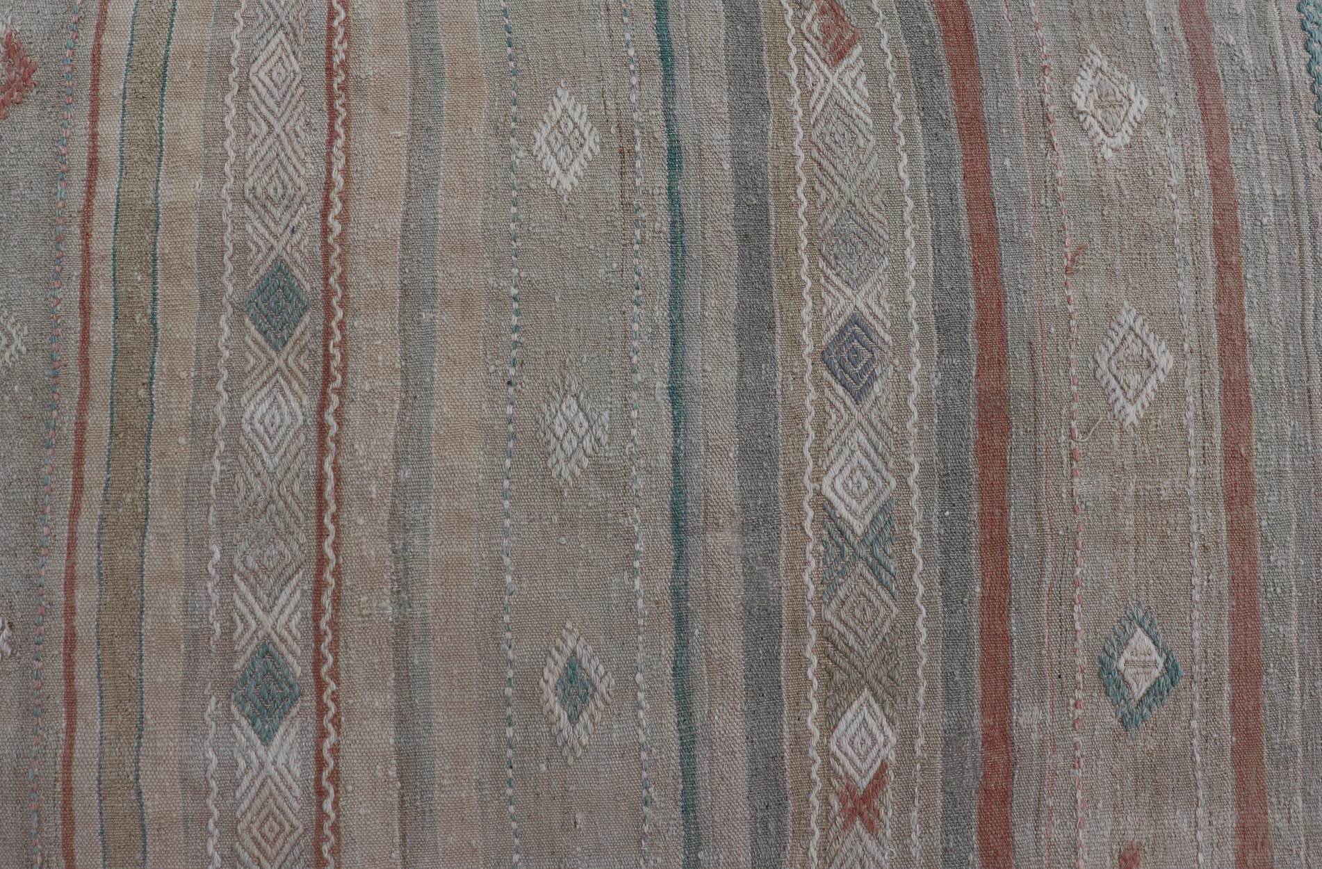 Turkish Flat-Weave Embroideries Kilim in Taupe, Green, Teal, Cream, and Brown For Sale 1