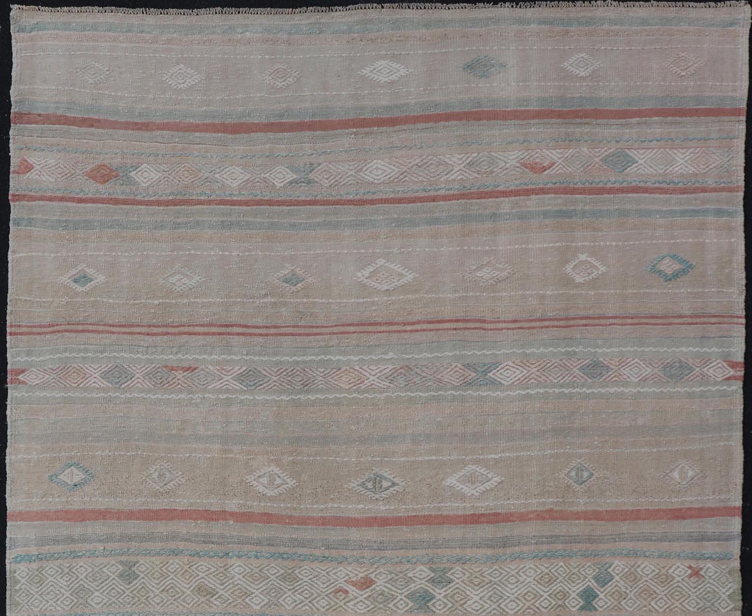 Turkish Flat-Weave Embroideries Kilim in Taupe, Green, Teal, Cream, and Brown For Sale 2