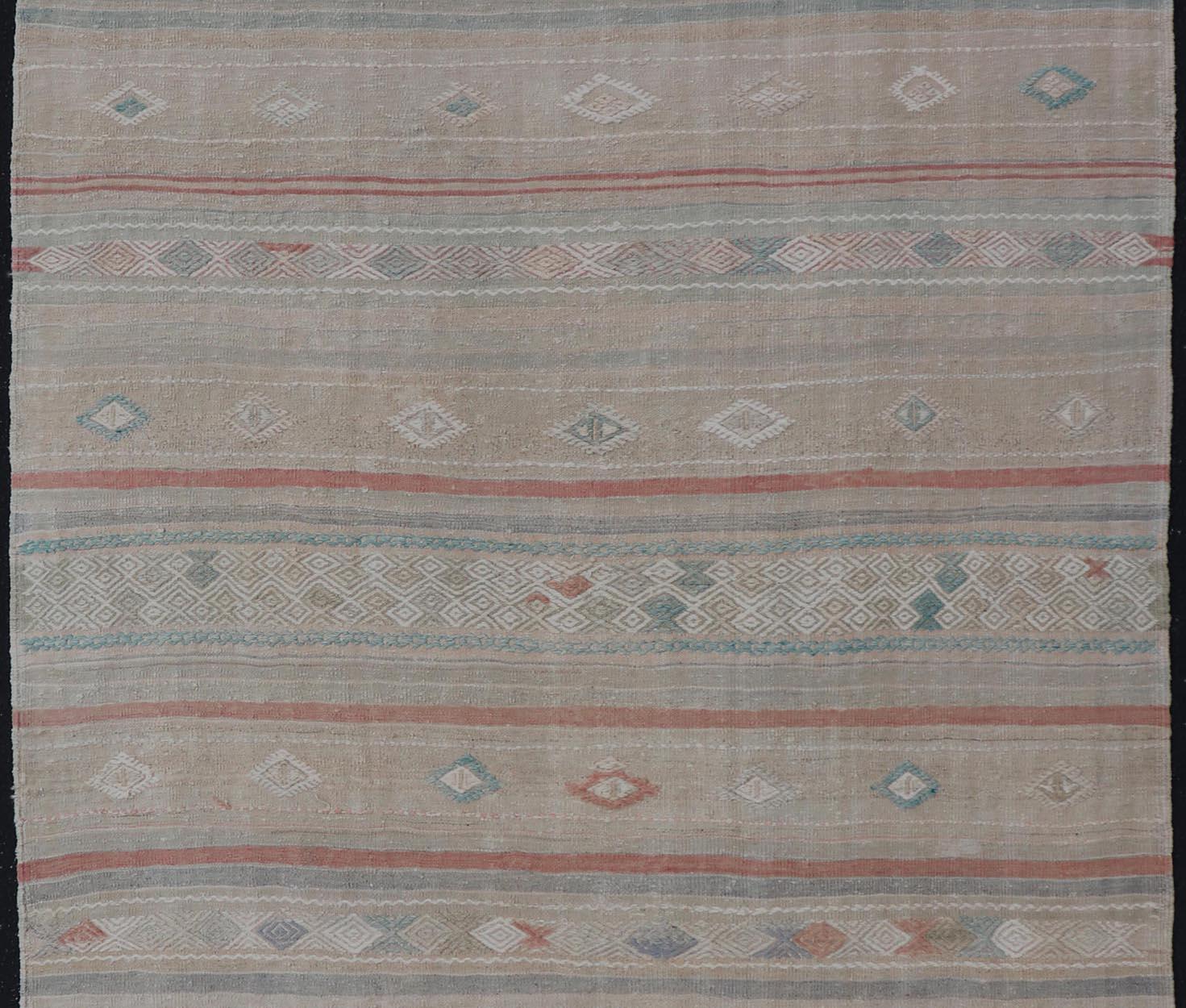 Turkish Flat-Weave Embroideries Kilim in Taupe, Green, Teal, Cream, and Brown For Sale 3