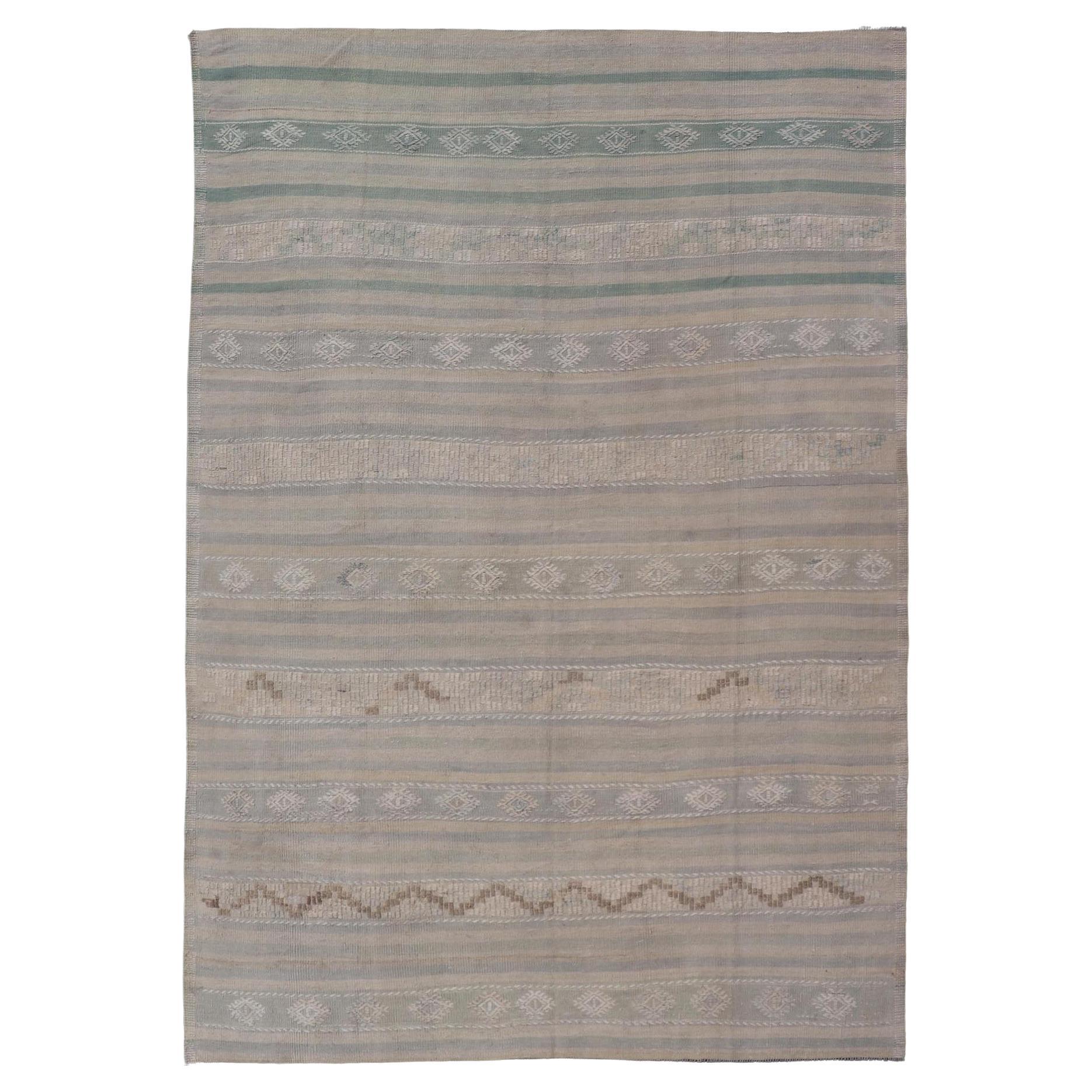 Turkish Flat-Weave in Tan, Taupe, and Gray-Blue with Stripes 6'6" X10'0"