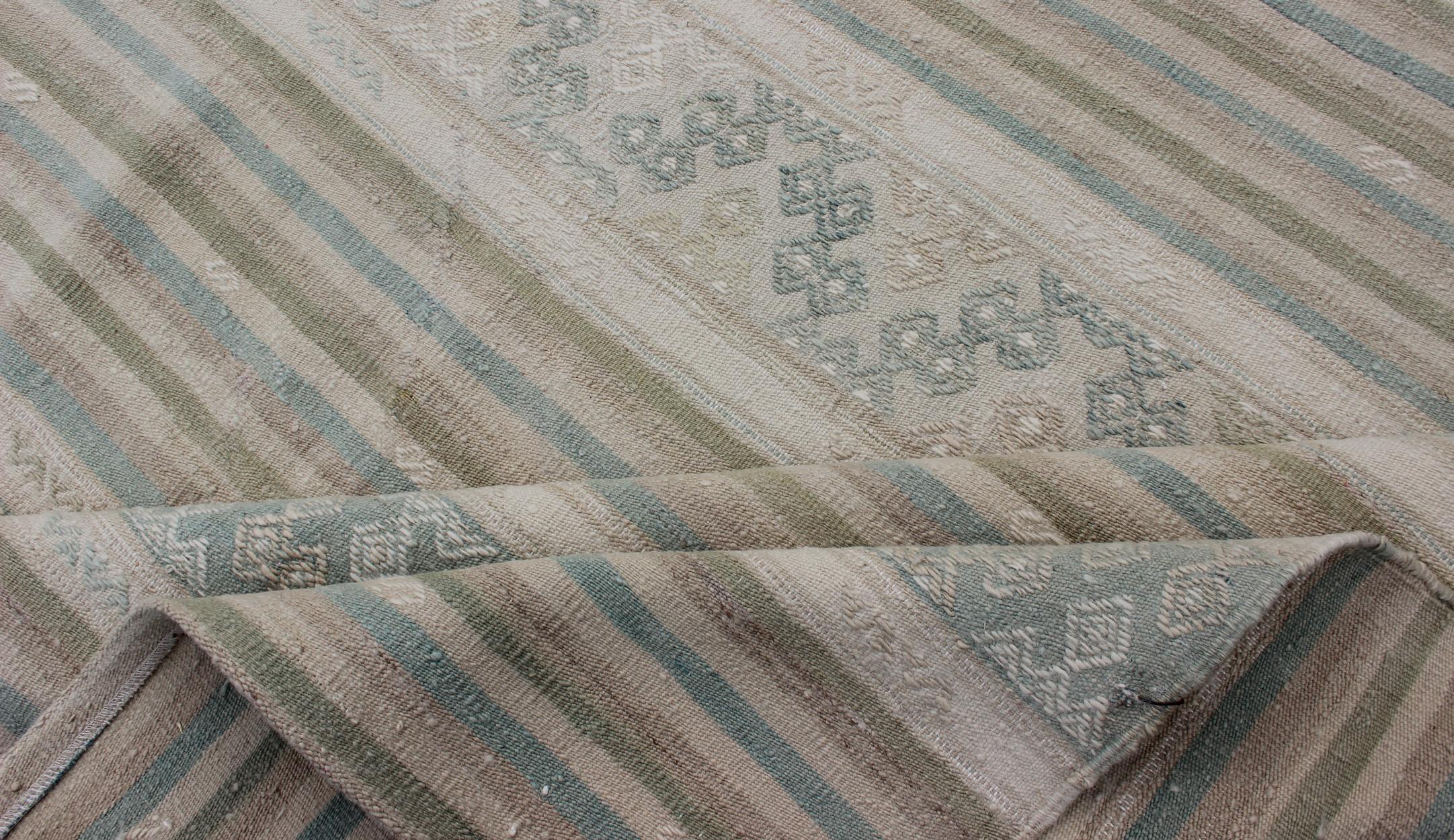 Turkish Flat-Weave Kilim in Muted Colors with Stripes and Embroideries For Sale 4