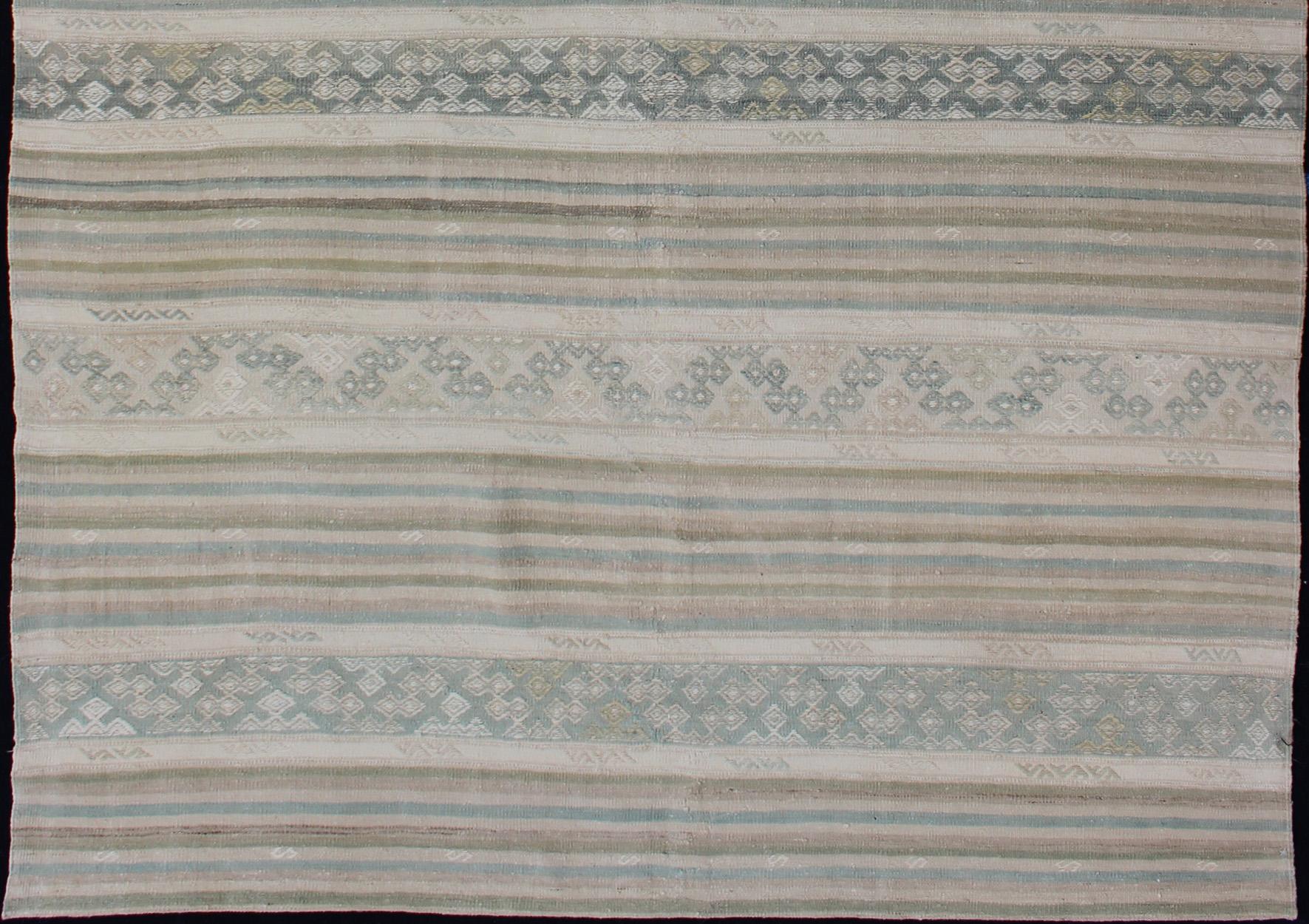 Hand-Woven Turkish Flat-Weave Kilim in Muted Colors with Stripes and Embroideries For Sale