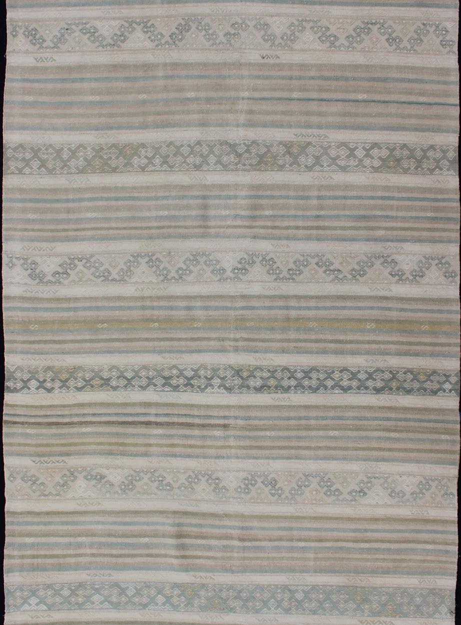 Turkish Flat-Weave Kilim in Muted Colors with Stripes and Embroideries In Good Condition For Sale In Atlanta, GA