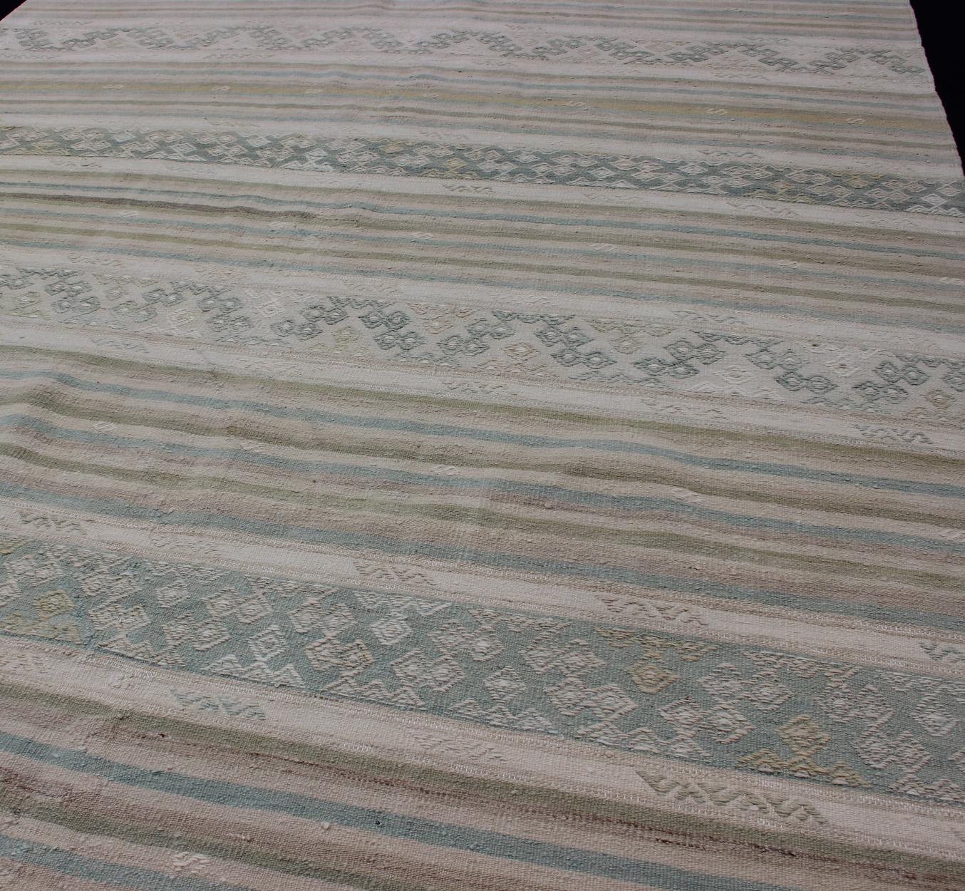 20th Century Turkish Flat-Weave Kilim in Muted Colors with Stripes and Embroideries For Sale