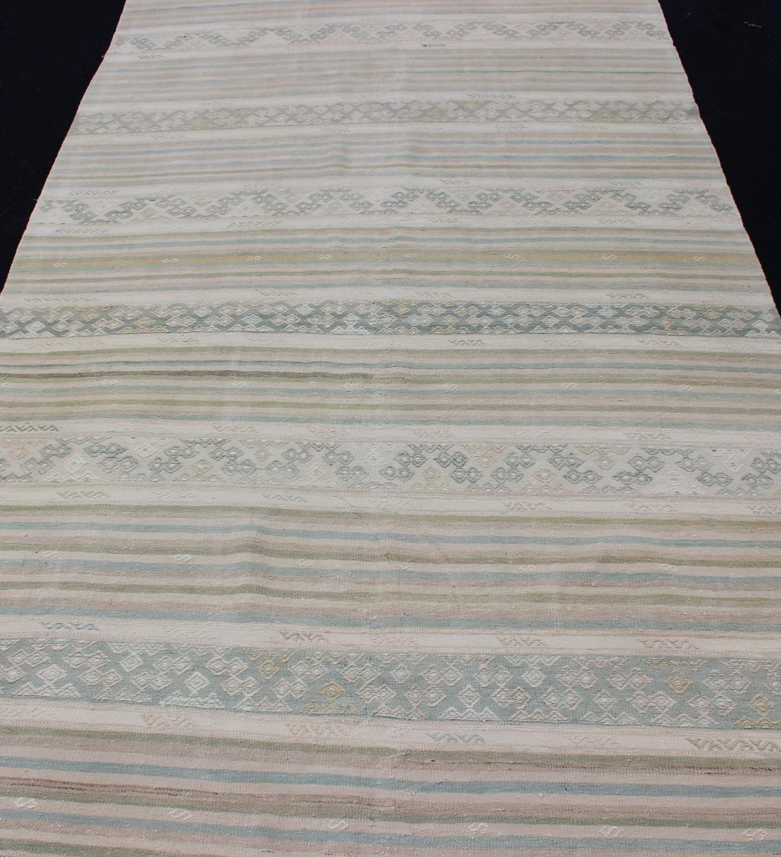 Wool Turkish Flat-Weave Kilim in Muted Colors with Stripes and Embroideries For Sale