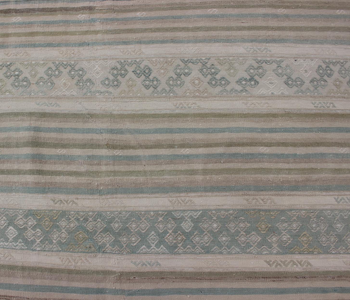 Turkish Flat-Weave Kilim in Muted Colors with Stripes and Embroideries For Sale 1