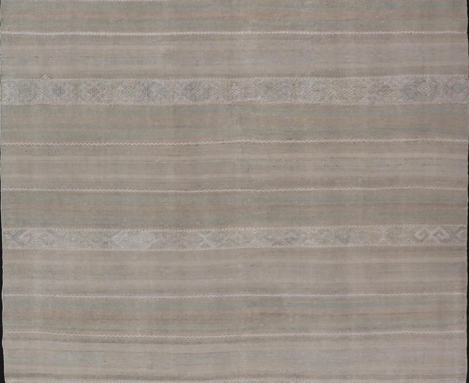 Turkish Flat-Weave Kilim in Muted Colors with Stripes and Embroideries For Sale 1