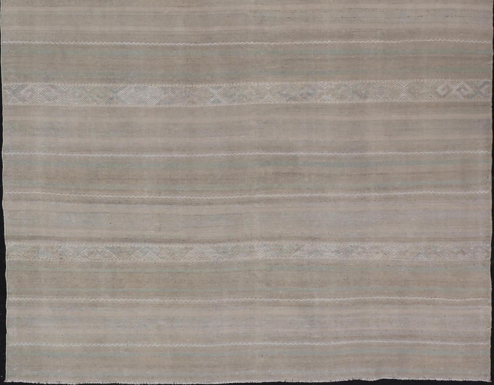 Turkish Flat-Weave Kilim in Muted Colors with Stripes and Embroideries For Sale 2