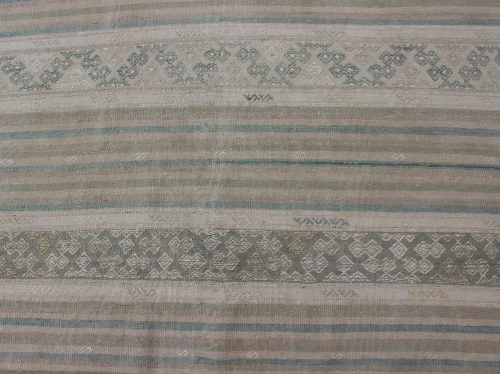 Turkish Flat-Weave Kilim in Muted Colors with Stripes and Embroideries For Sale 3