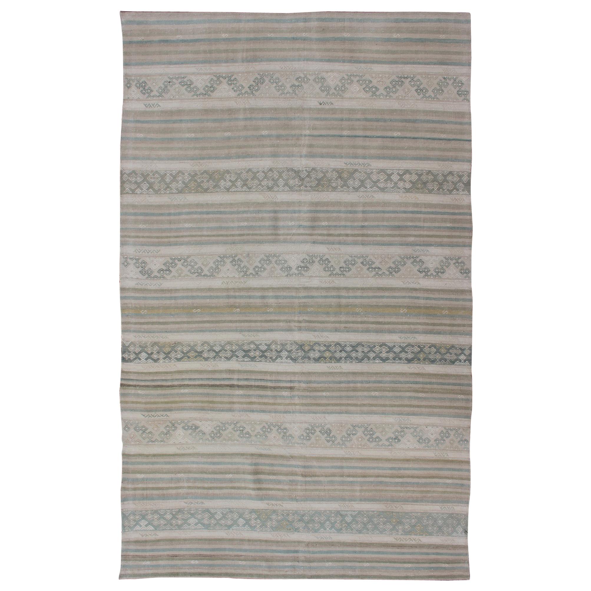 Turkish Flat-Weave Kilim in Muted Colors with Stripes and Embroideries