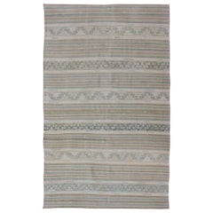 Vintage Turkish Flat-Weave Kilim in Muted Colors with Stripes and Embroideries