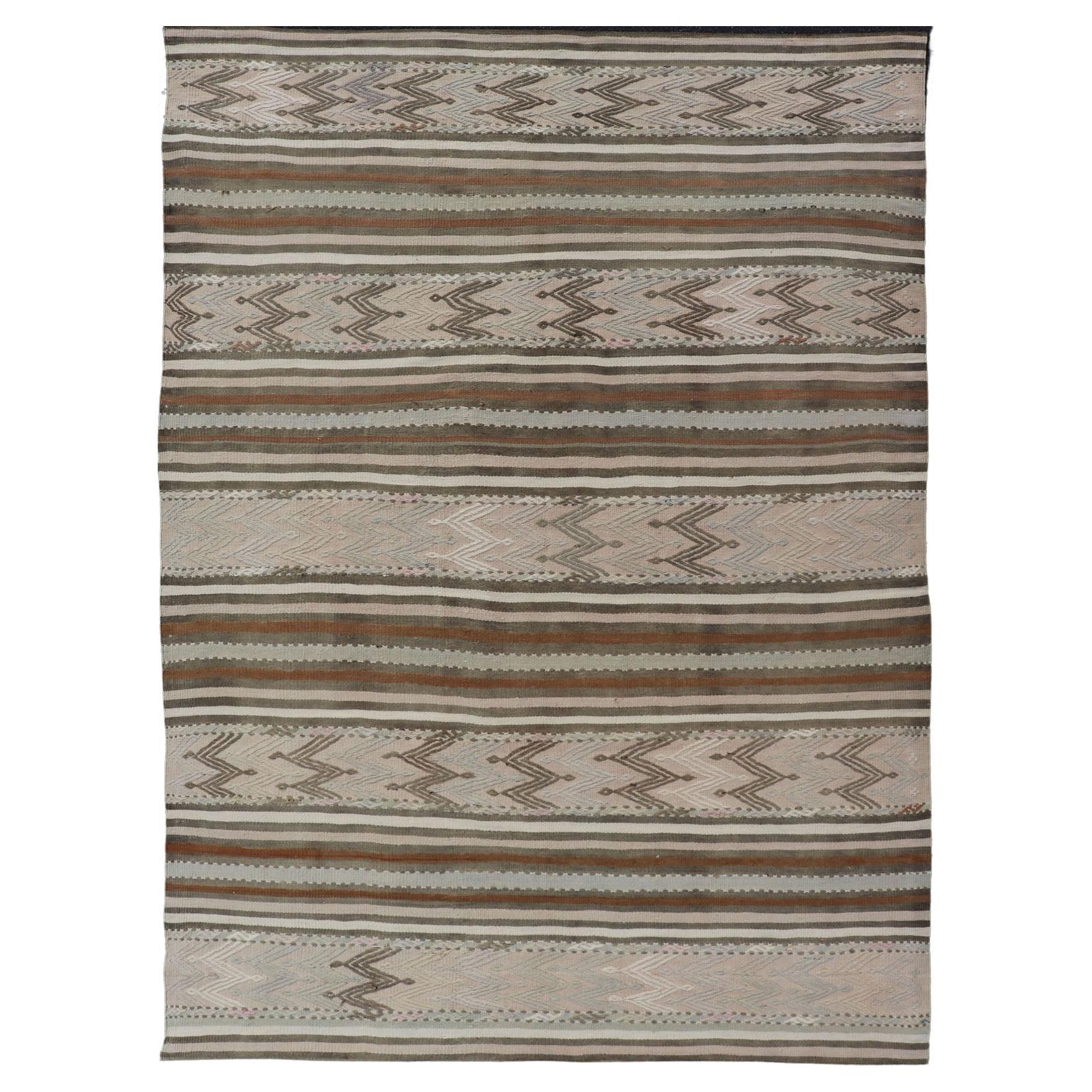Turkish Flat-Weave Kilim in Muted Colors with Stripes and Embroideries