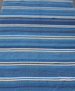 Turkish Flat-Weave Kilim in Navy Blue and Ivory in Striped Design