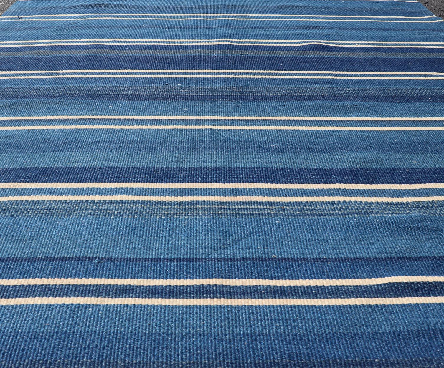Hand-Woven Turkish Flat-Weave Kilim in Navy Blue and Ivory in Striped Design For Sale
