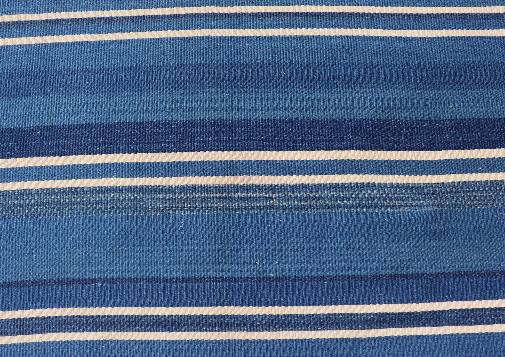 Turkish Flat-Weave Kilim in Navy Blue and Ivory in Striped Design In Good Condition For Sale In Atlanta, GA