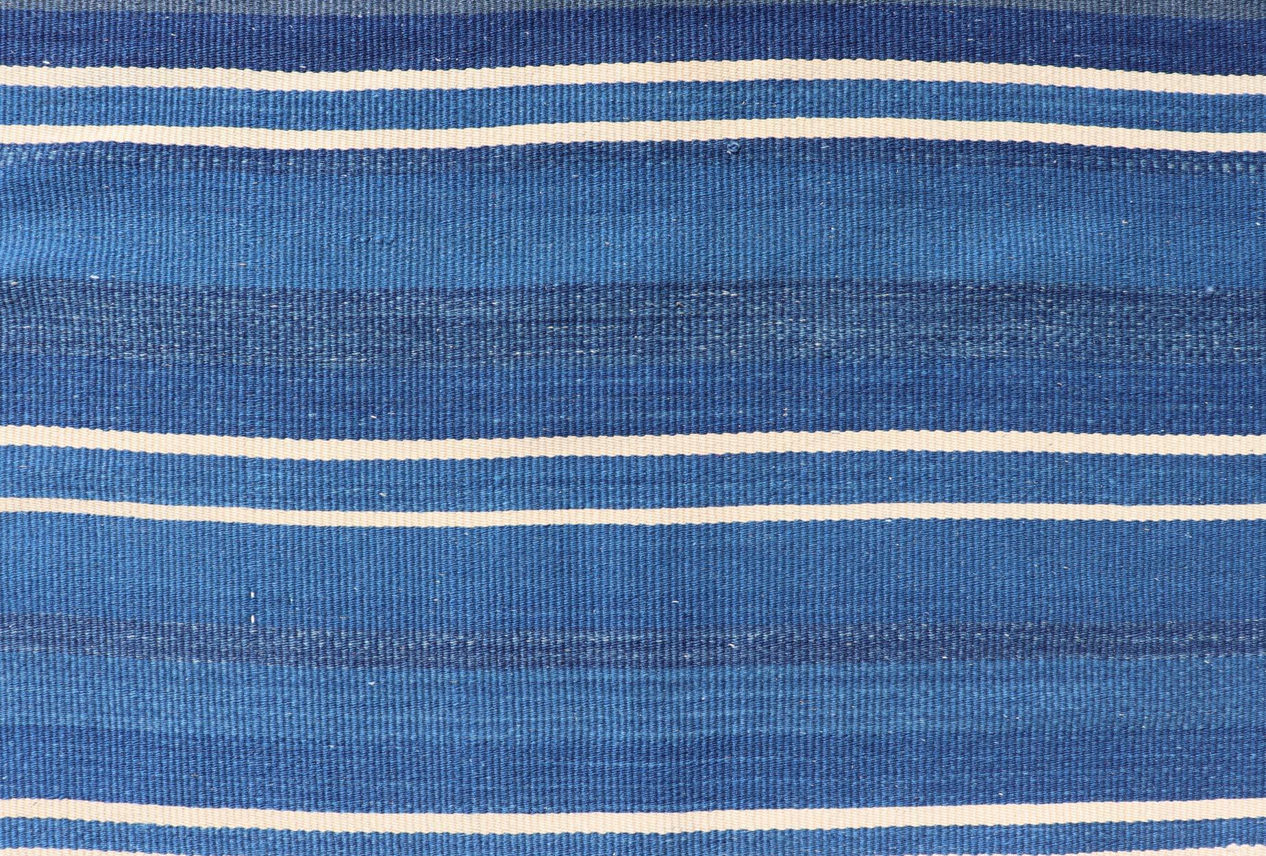 20th Century Turkish Flat-Weave Kilim in Navy Blue and Ivory in Striped Design For Sale