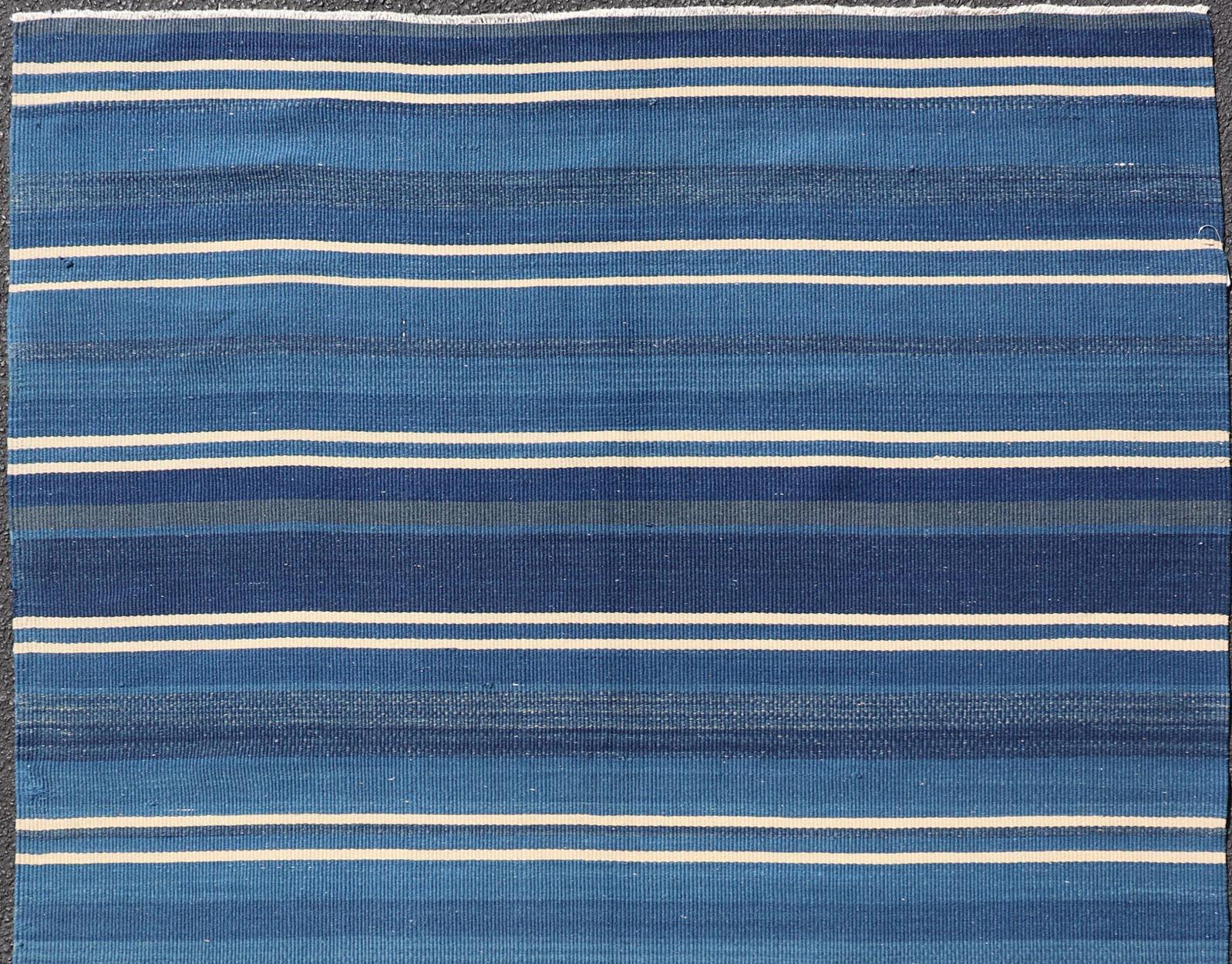 Wool Turkish Flat-Weave Kilim in Navy Blue and Ivory in Striped Design For Sale