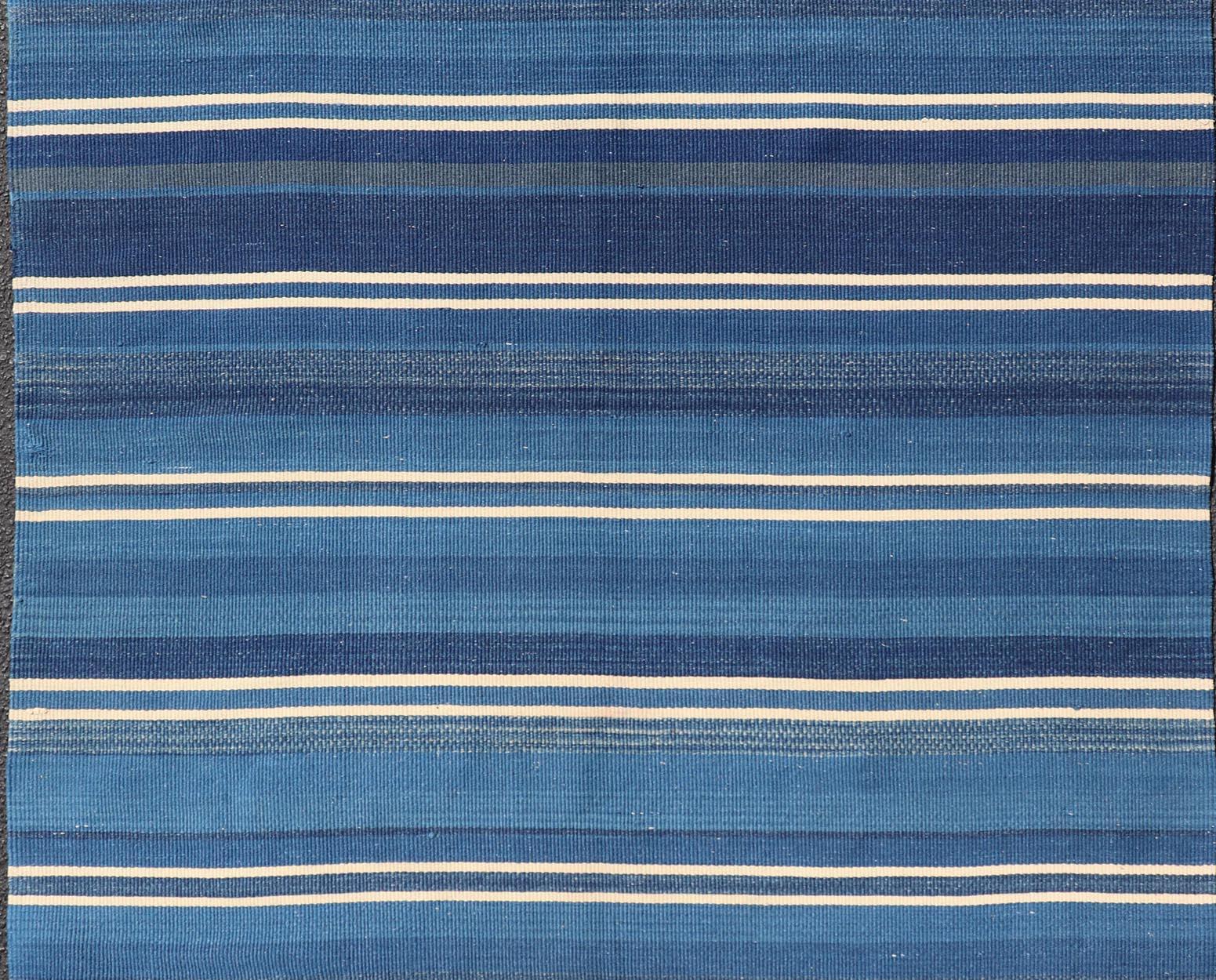 Turkish Flat-Weave Kilim in Navy Blue and Ivory in Striped Design For Sale 1