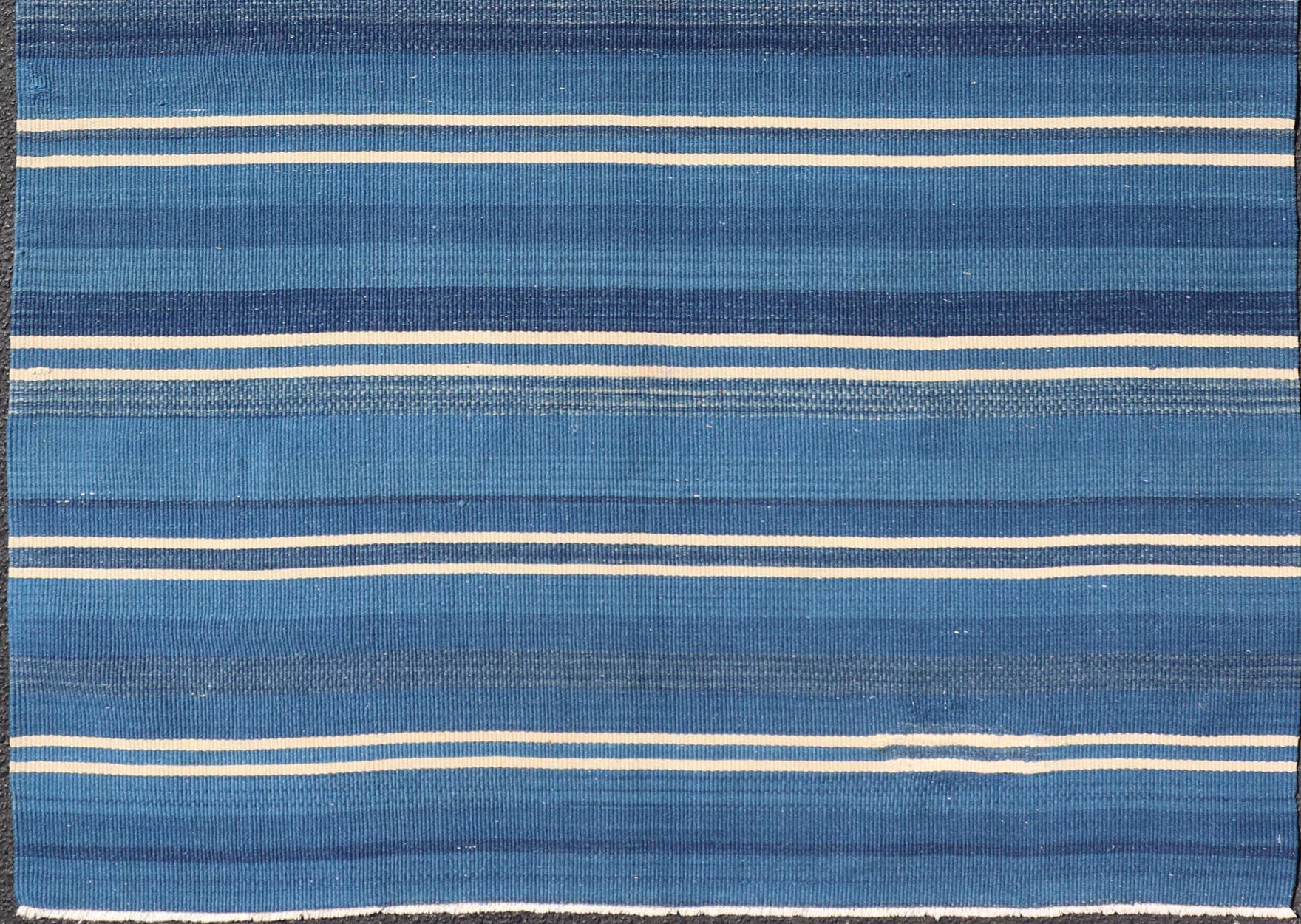 Turkish Flat-Weave Kilim in Navy Blue and Ivory in Striped Design For Sale 2