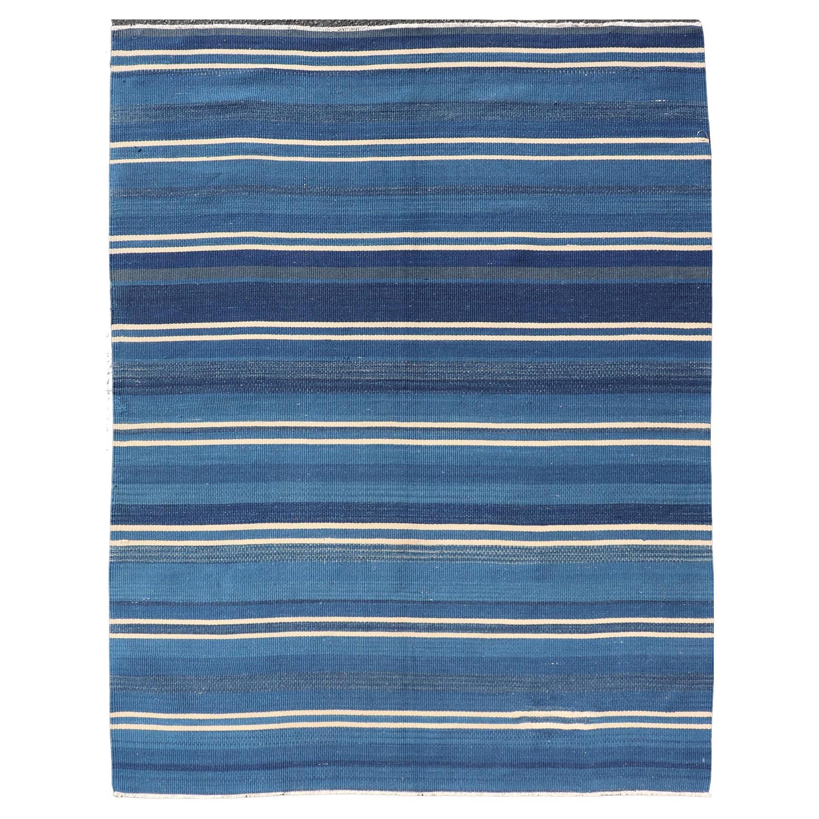 Turkish Flat-Weave Kilim in Navy Blue and Ivory in Striped Design
