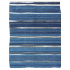 Vintage Turkish Flat-Weave Kilim in Navy Blue and Ivory in Striped Design