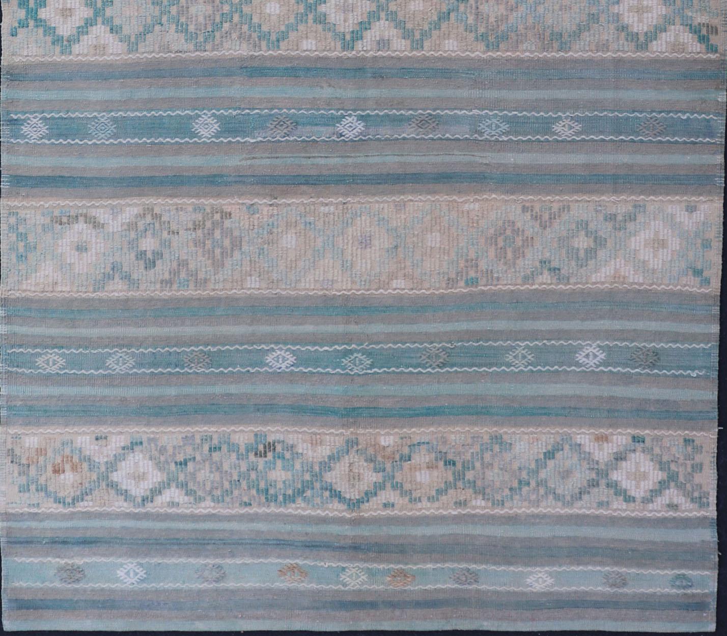 Turkish Flat-Weave Kilim in Soft Colors with Stripes and Embroideries For Sale 4
