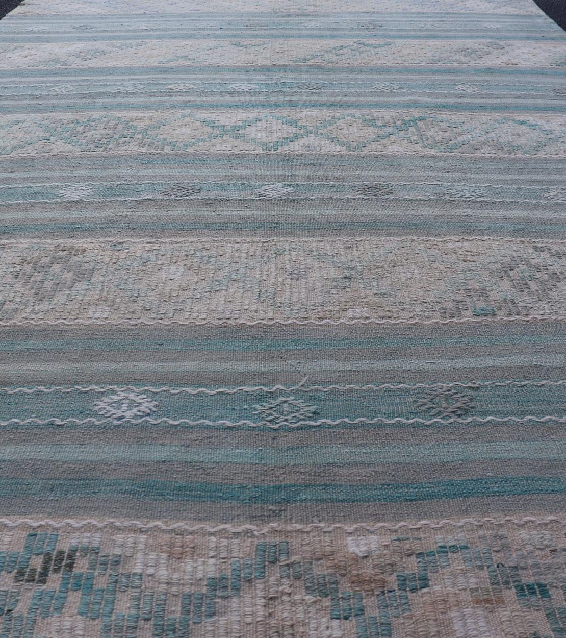 Hand-Woven Turkish Flat-Weave Kilim in Soft Colors with Stripes and Embroideries For Sale