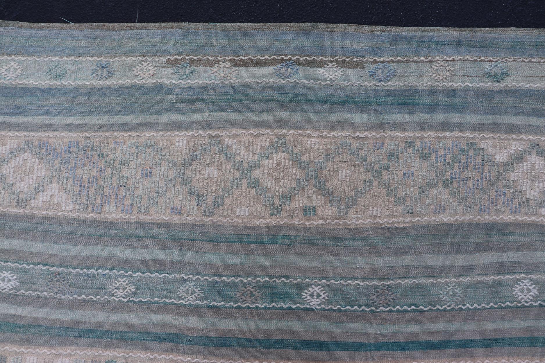 20th Century Turkish Flat-Weave Kilim in Soft Colors with Stripes and Embroideries For Sale