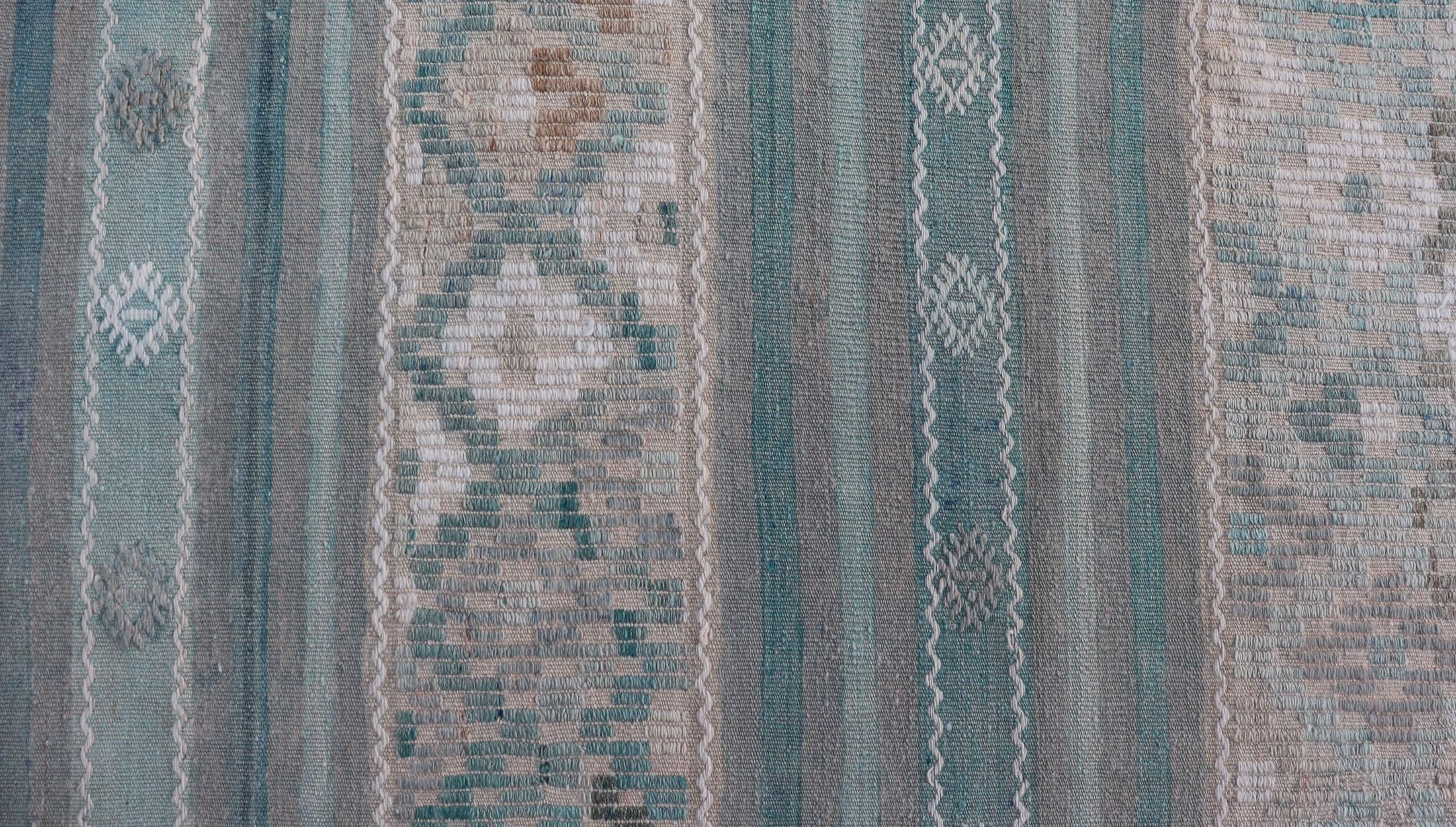 Wool Turkish Flat-Weave Kilim in Soft Colors with Stripes and Embroideries For Sale