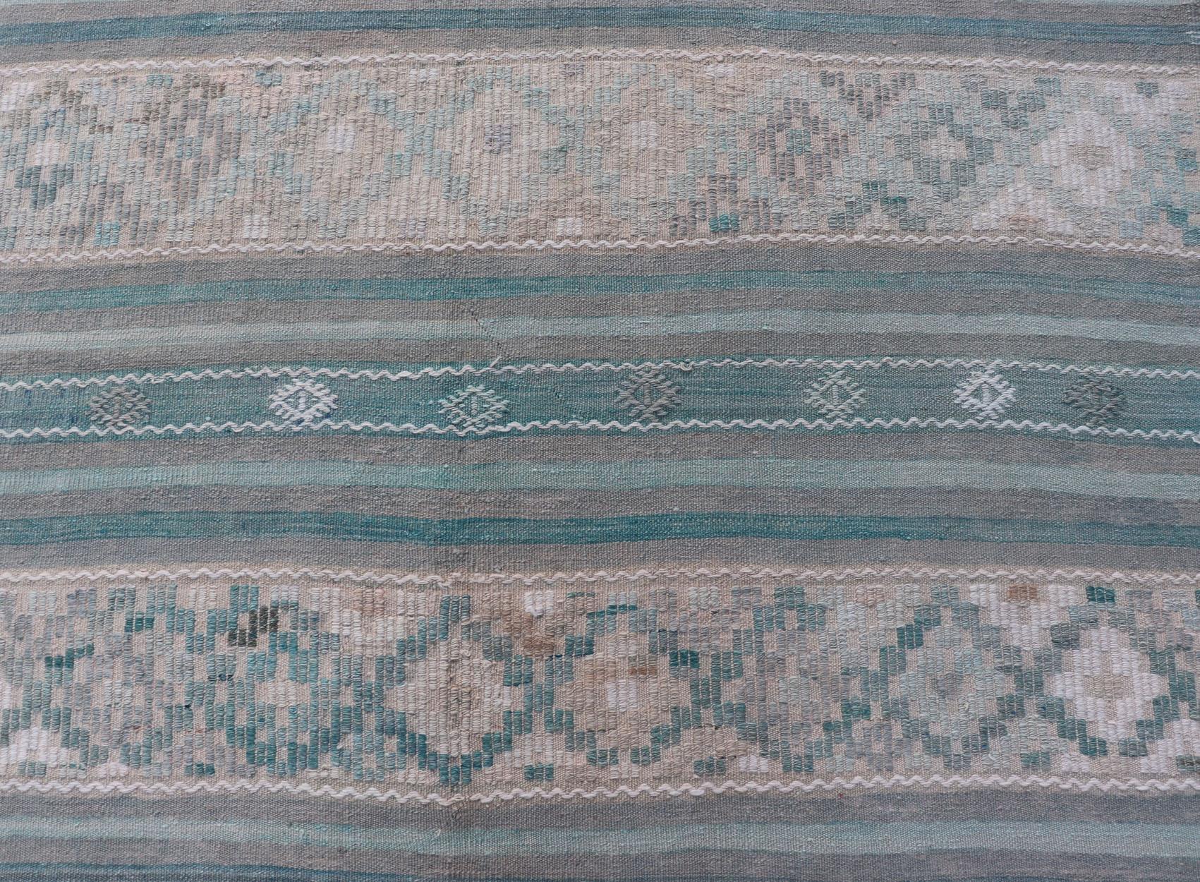 Turkish Flat-Weave Kilim in Soft Colors with Stripes and Embroideries For Sale 1