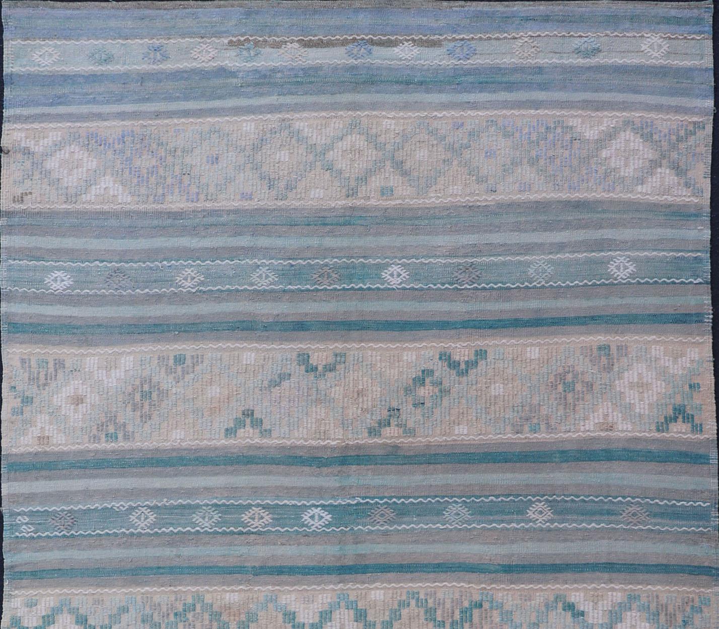 Turkish Flat-Weave Kilim in Soft Colors with Stripes and Embroideries For Sale 2