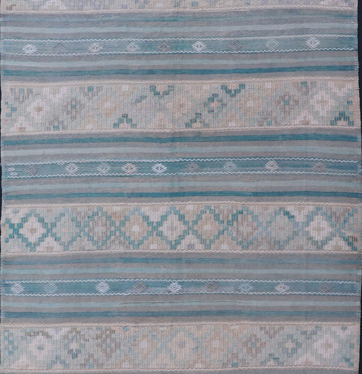 Turkish Flat-Weave Kilim in Soft Colors with Stripes and Embroideries For Sale 3