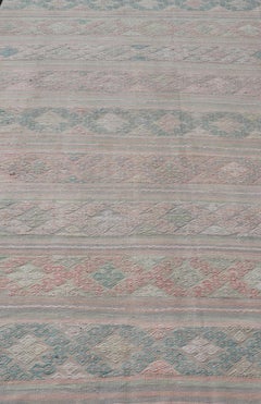 Turkish Flat-Weave Kilim with Diamond Embroideries in Green & Pink 5'9" X11'0"