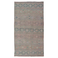 Turkish Flat-Weave Kilim with Diamond Embroideries in Green & Pink 5'9" X11'0"