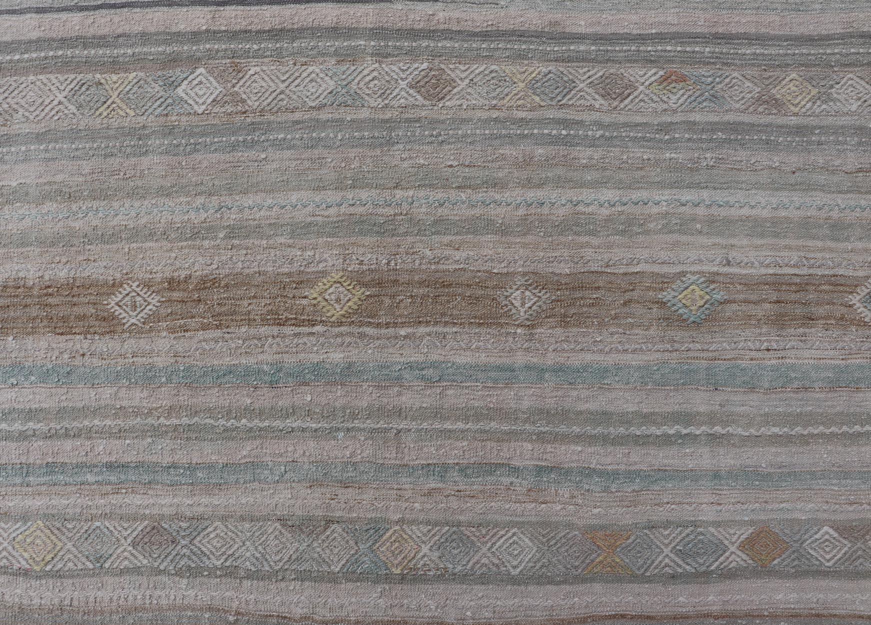 20th Century Turkish Flat-Weave Kilim with Embroideries in Taupe, Tan, Light Green, and Grey For Sale