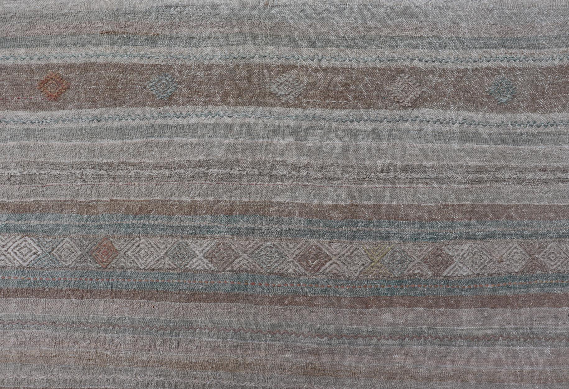 Wool Turkish Flat-Weave Kilim with Embroideries in Taupe, Tan, Light Green, and Grey For Sale