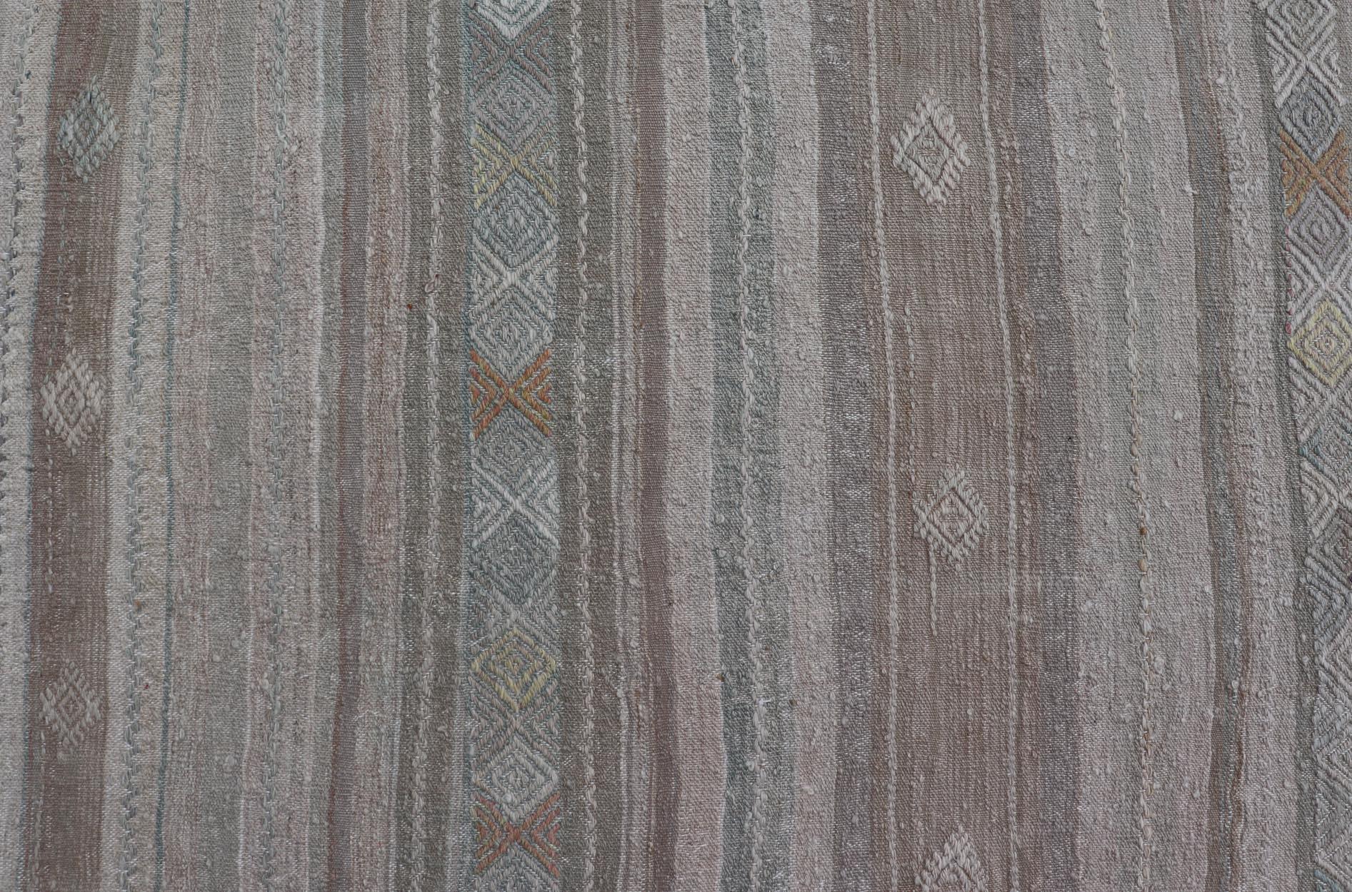 Turkish Flat-Weave Kilim with Embroideries in Taupe, Tan, Light Green, and Grey For Sale 1