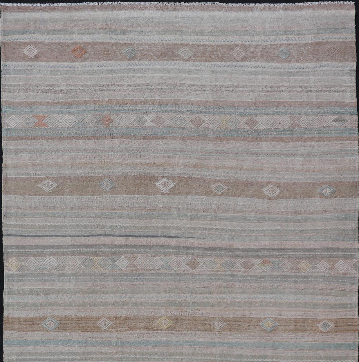 Turkish Flat-Weave Kilim with Embroideries in Taupe, Tan, Light Green, and Grey For Sale 2