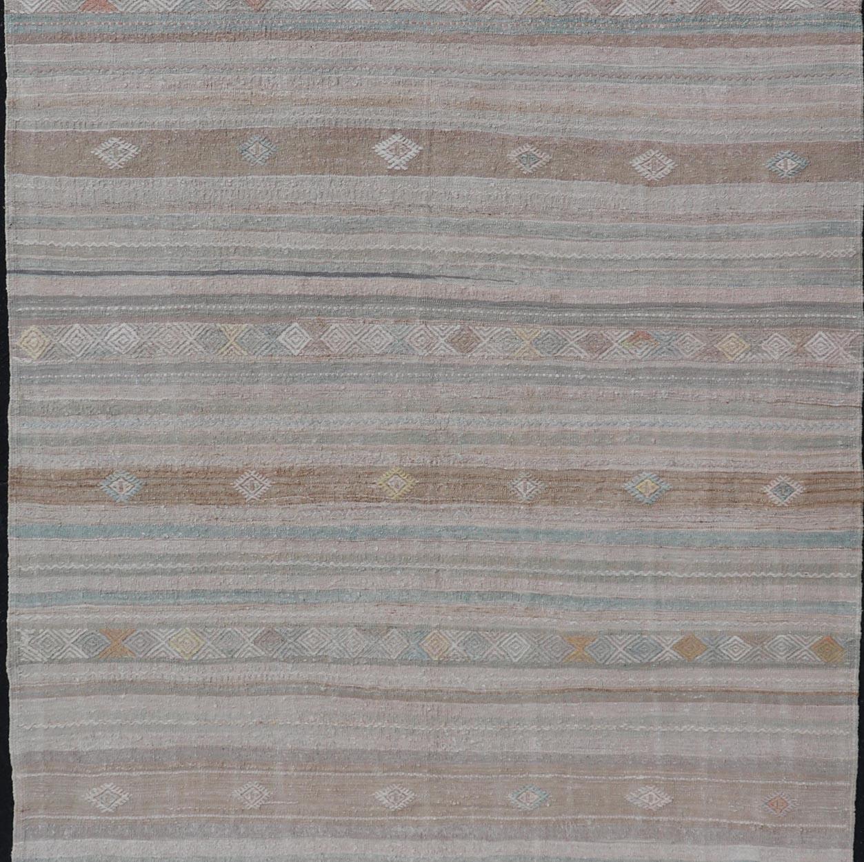 Turkish Flat-Weave Kilim with Embroideries in Taupe, Tan, Light Green, and Grey For Sale 3