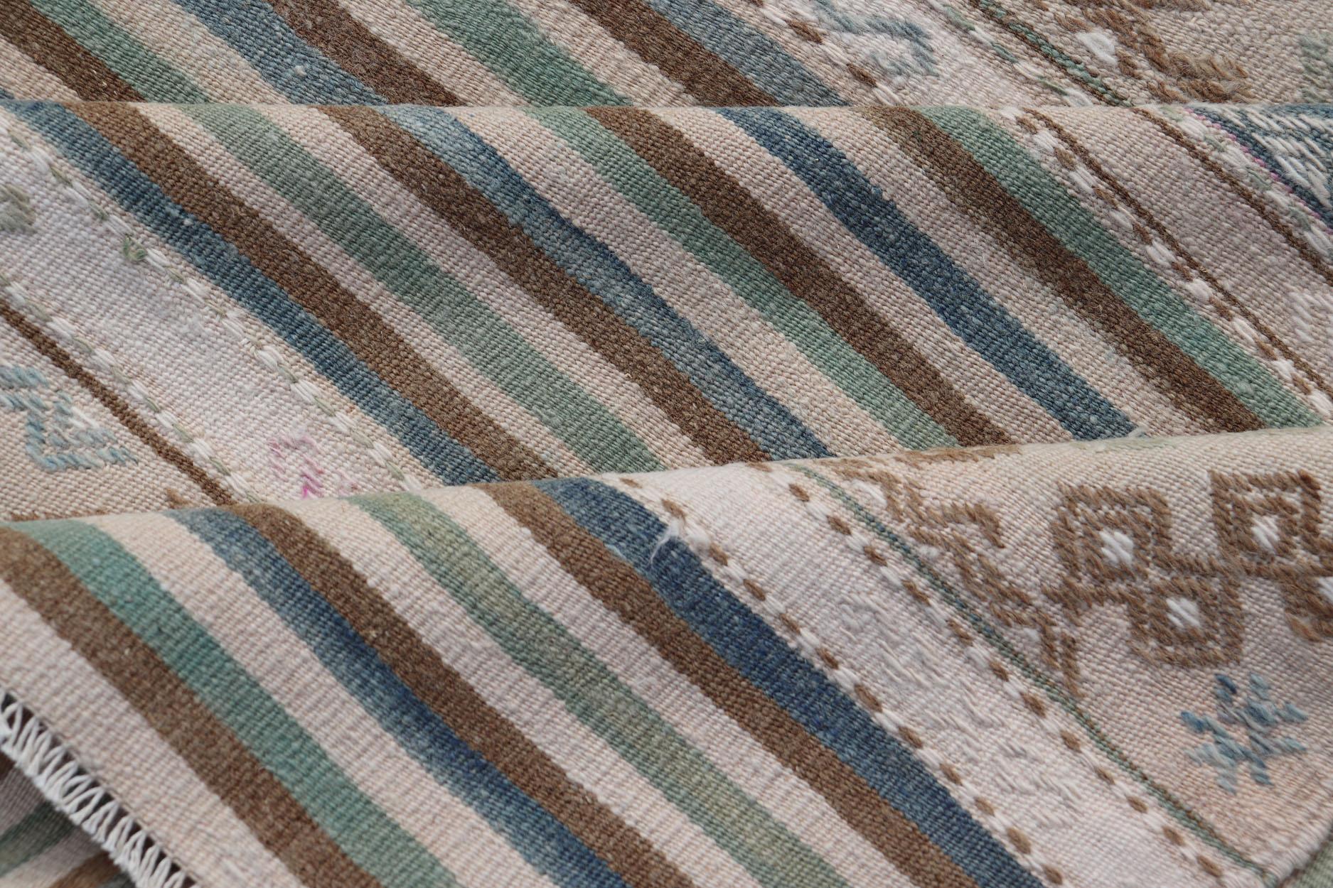 Turkish Flat-Weave Kilim with Stripes and Embroideries In Blue, Green, and Cream For Sale 4